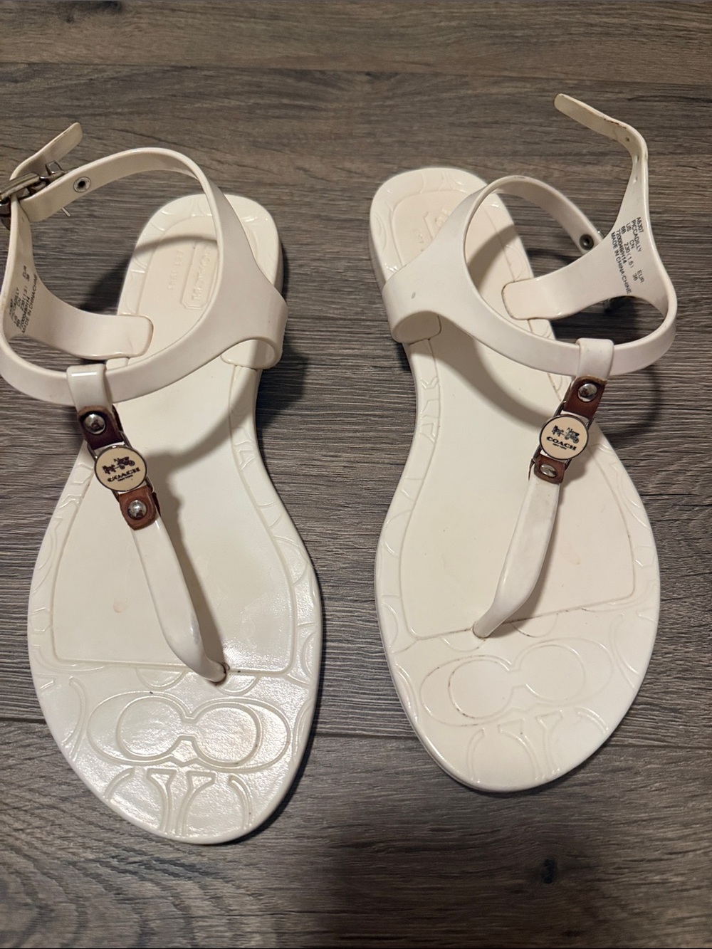 Coach Women's Cream T-Strap Sandals with Logo Accent